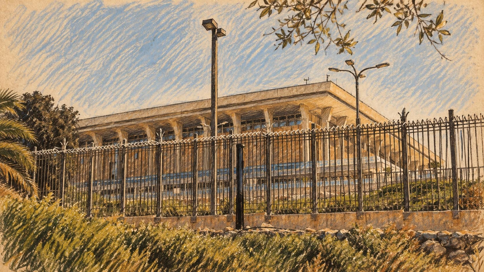 Courtroom-sketch editorial illustration of an archival 2018 view of the Knesset building in Jerusalem behind an iron fence, with shrubs, trees and street lamps; institutional context for the election-billboard ruling.