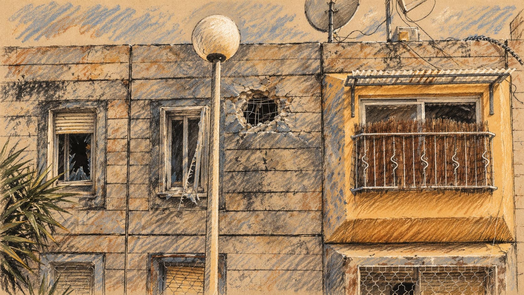 Courtroom-sketch editorial illustration of a damaged residential building in Kiryat Shmona, based on an archival January 2024 photograph and shown as context for border-community recovery