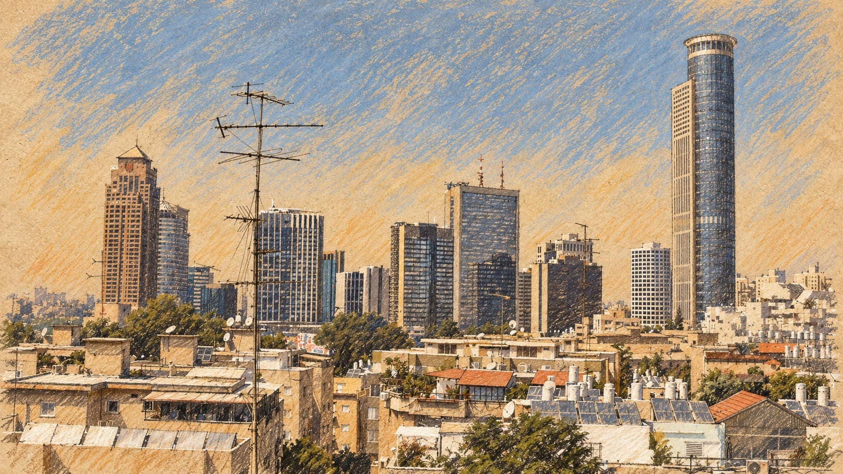 Courtroom-sketch editorial illustration of an archival Ramat Gan Diamond Exchange District office skyline near Tel Aviv, with low rooftops and antennas in front; regional finance context for the market close.