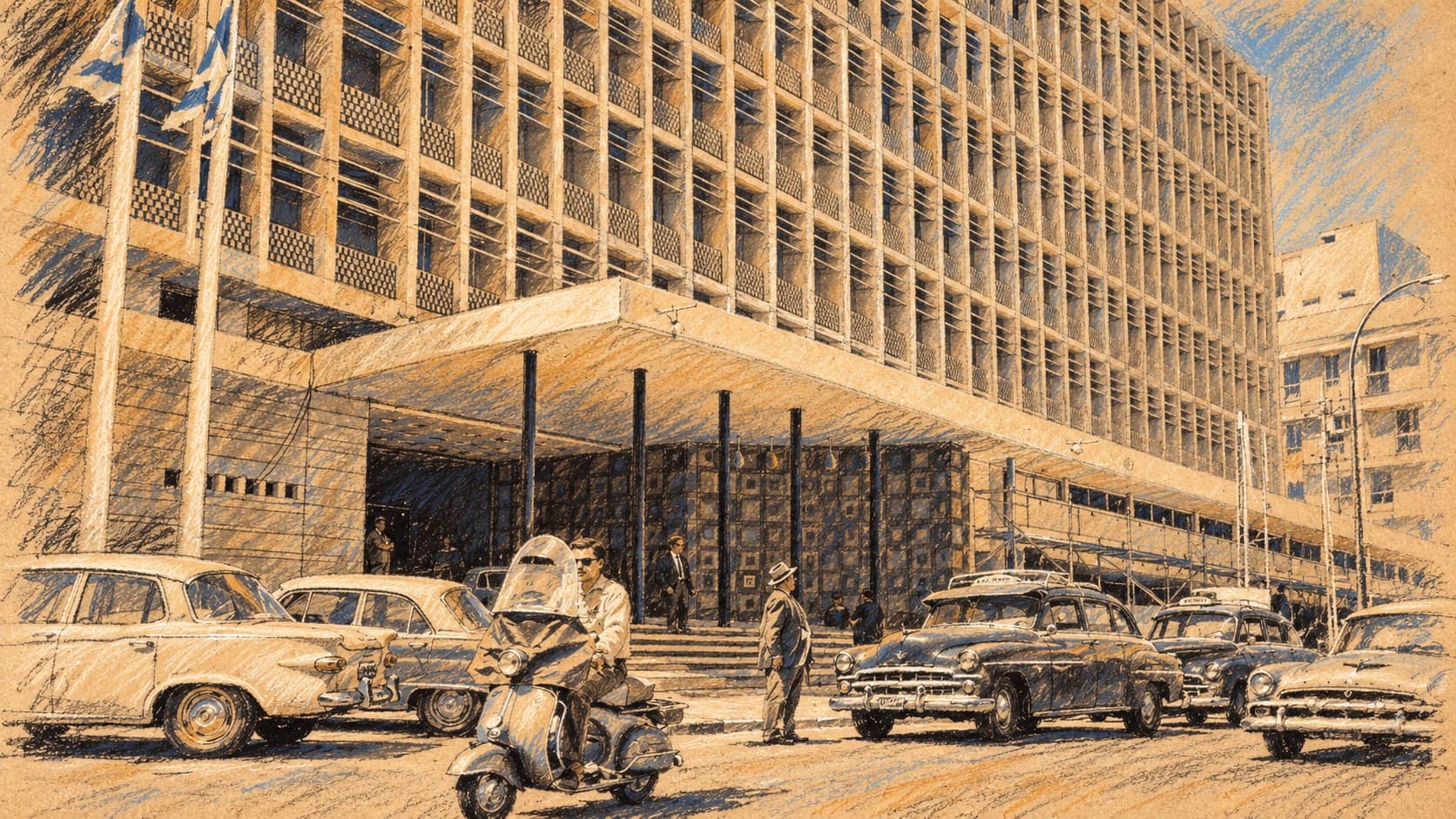 Courtroom-sketch editorial illustration of the Dan Hotel in Tel Aviv and period traffic in an archival 1964 view, providing historical hotel context.