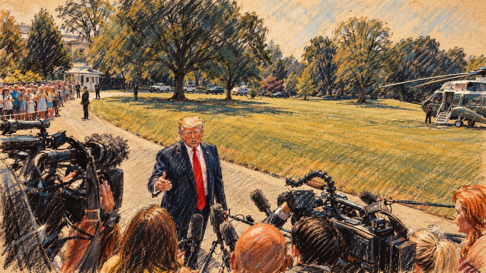 Courtroom-sketch editorial illustration of Donald Trump speaking to reporters beside the White House South Lawn in an archival July 2019 scene, used as context for his October 2026 Iran remarks.