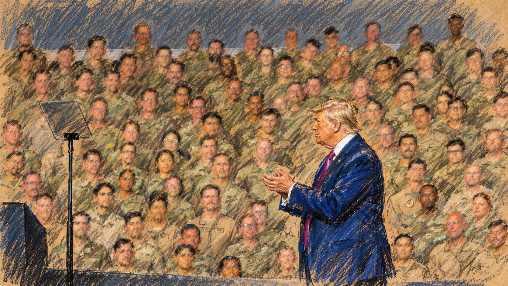 Courtroom-sketch editorial illustration of an archival May 2025 view of Donald Trump applauding before U.S. military personnel at Al Udeid Air Base in Qatar, rendered in warm ochre and slate-blue pastel strokes; contextual imagery, not the October 2026 Fort Myers rally.