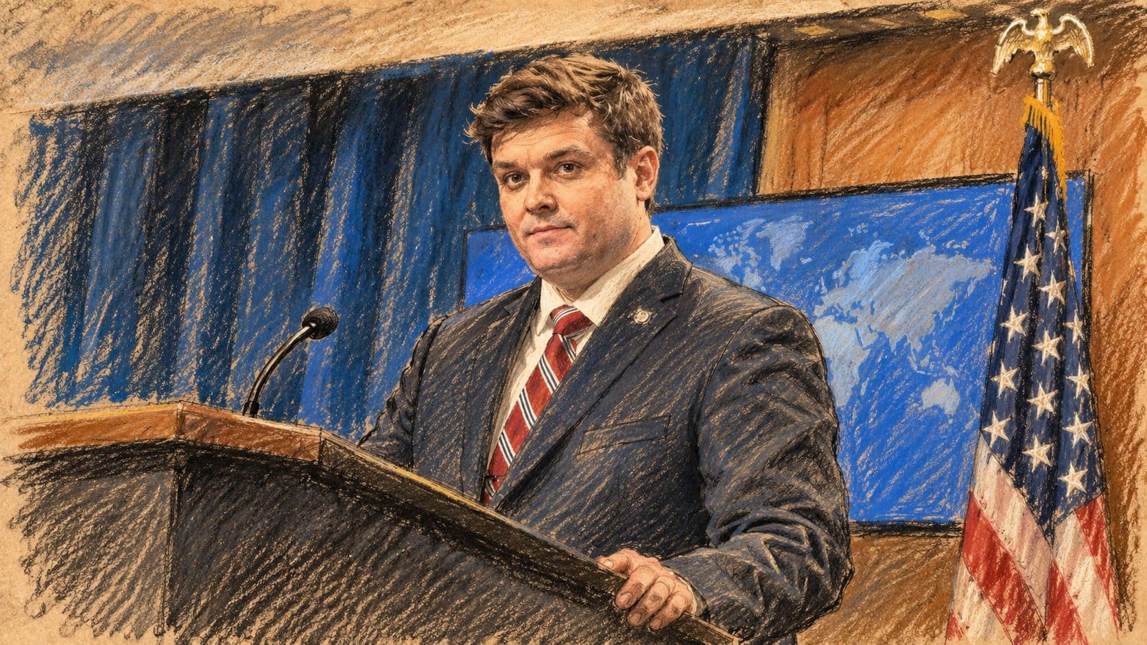 Courtroom-sketch editorial illustration of Tommy Pigott at a State Department lectern beside a United States flag, based on an archival June 2025 press briefing photograph as diplomatic context for his statement.