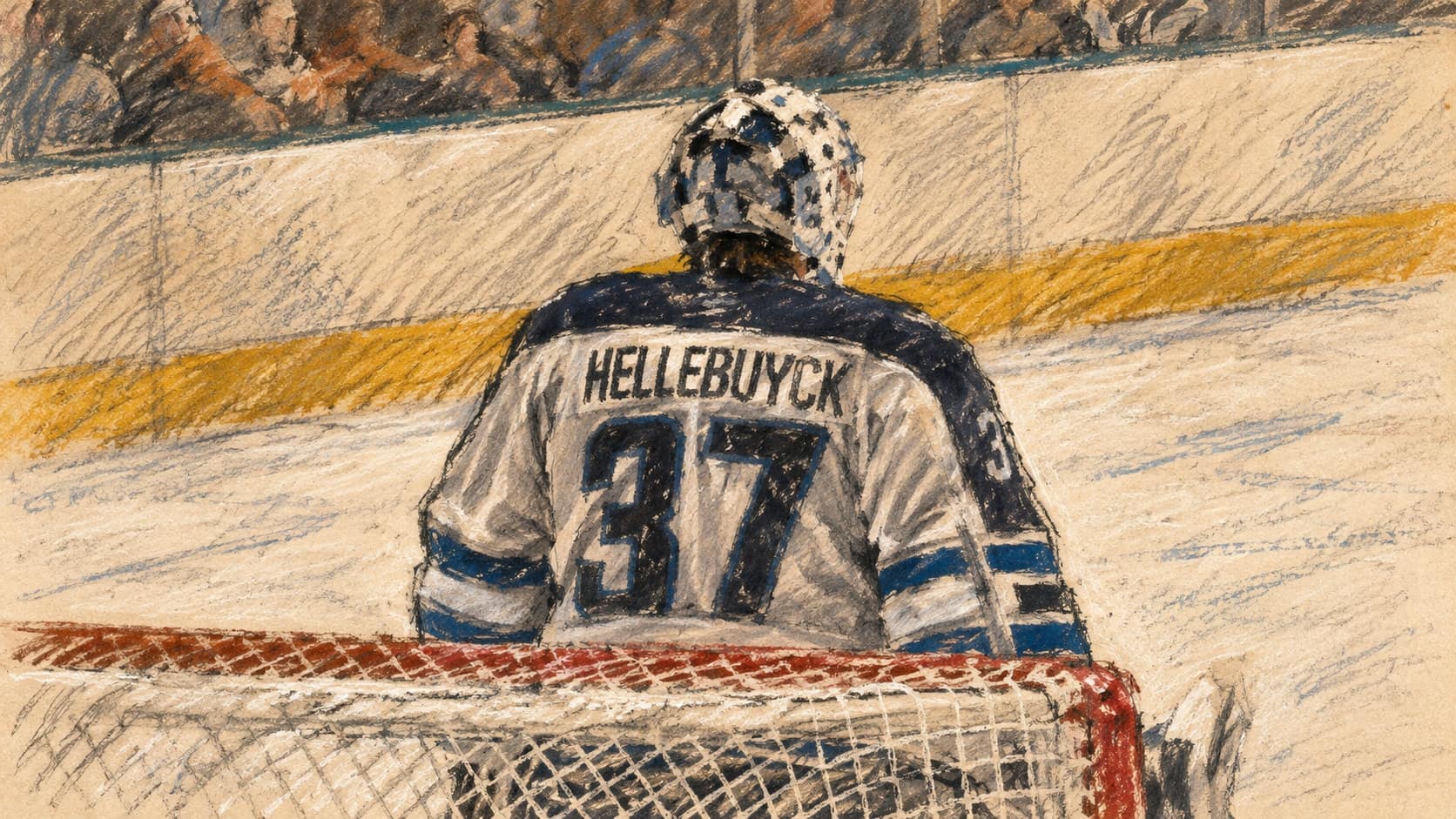 Courtroom-sketch editorial illustration of an archival April 2026 view of Connor Hellebuyck from behind in goaltender gear beside a hockey net, rendered in warm ochre and slate-blue pastel strokes.