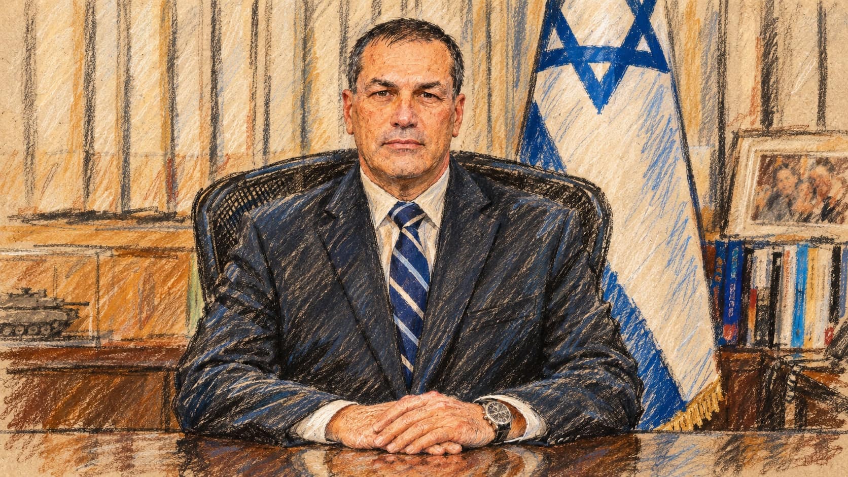 Courtroom-sketch editorial illustration of Eyal Zamir seated in a civilian suit behind an office desk with folded hands and an Israeli flag, based on an archival 2022 portrait.