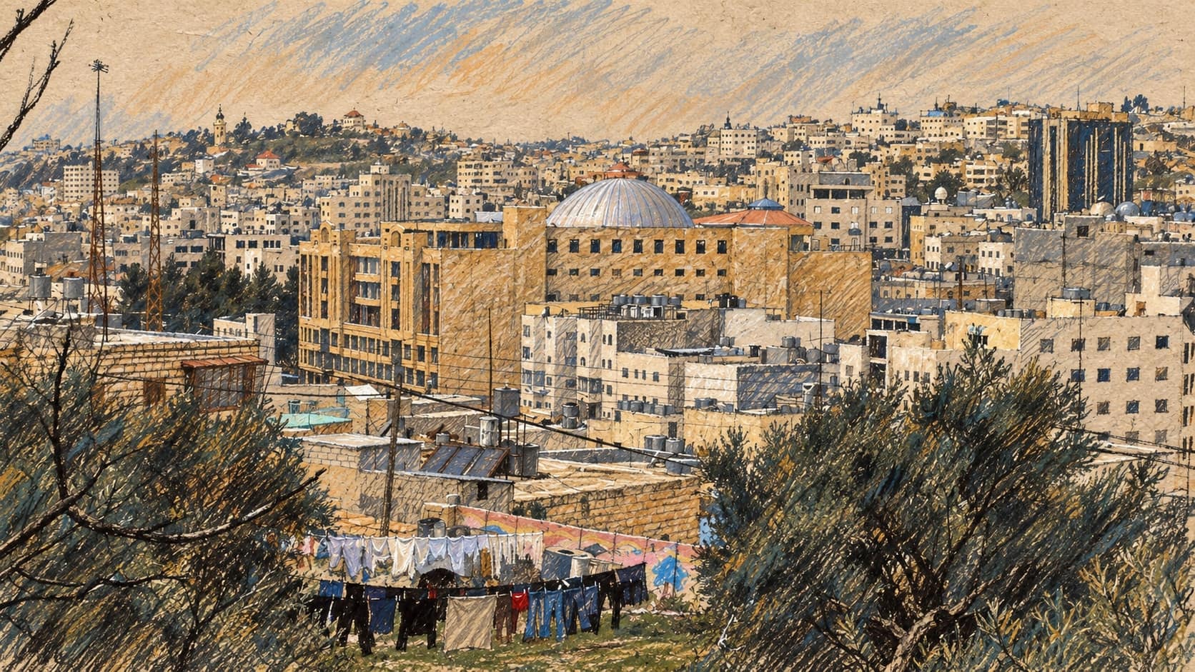 Courtroom-sketch editorial illustration of an archival 2007 view of Hebron, with stone buildings across a hillside, a domed building, and trees and laundry in the foreground.