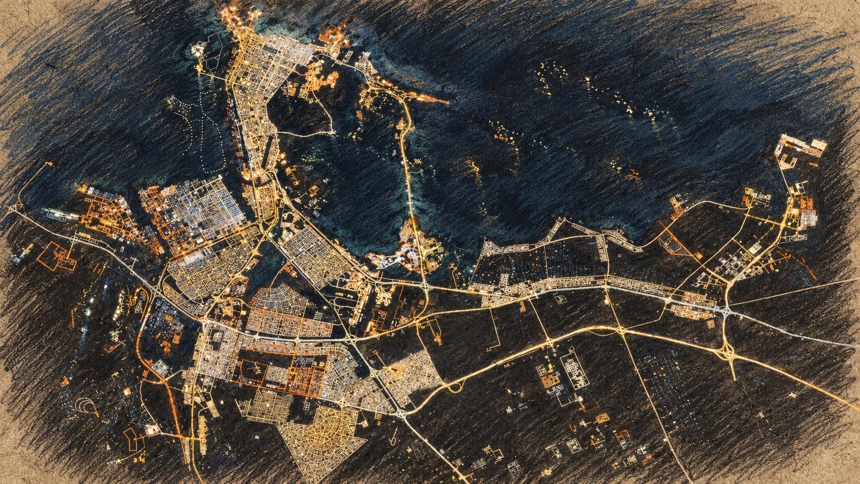 Courtroom-sketch editorial illustration of an archival January 2025 overhead night view of Abu Dhabi and its coastal islands, used as location context for the October 2026 UFC event and rendered in warm ochre and slate-blue pastel strokes.