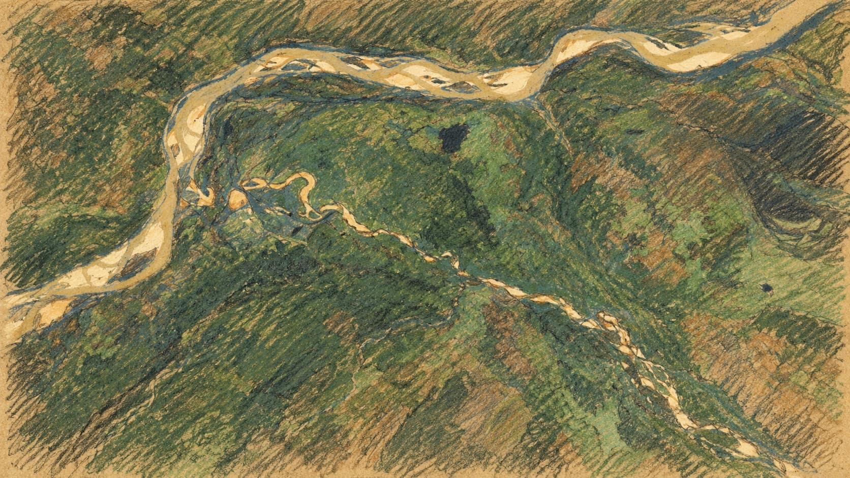 Courtroom-sketch editorial illustration of an archival 2016 satellite view of the Taraba–Benue river confluence in Nigeria, rendered in warm ochre and slate-blue pastel strokes; regional context, not Binnari or the October 2026 attack.