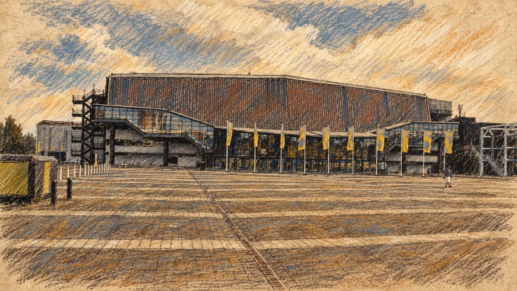 Courtroom-sketch editorial illustration of an archival exterior view of Rotterdam Ahoy arena and its paved forecourt
