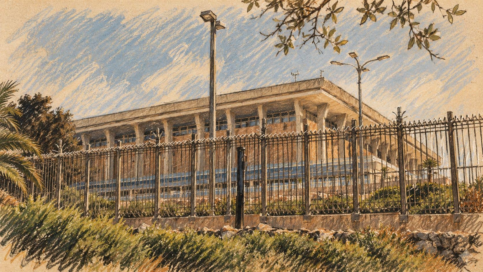 Courtroom-sketch editorial illustration of the Knesset building behind a metal fence and shrubs, based on an archival July 2018 photograph; contextual view of Israel’s parliament.