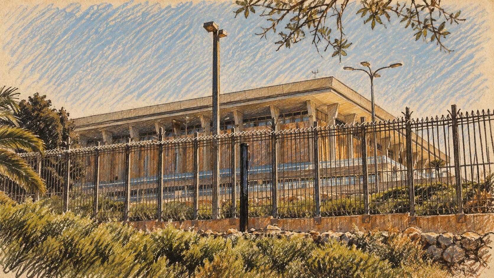 Courtroom-sketch editorial illustration of the Knesset building behind its perimeter fence, based on an archival July 2018 photograph used as institutional election context.