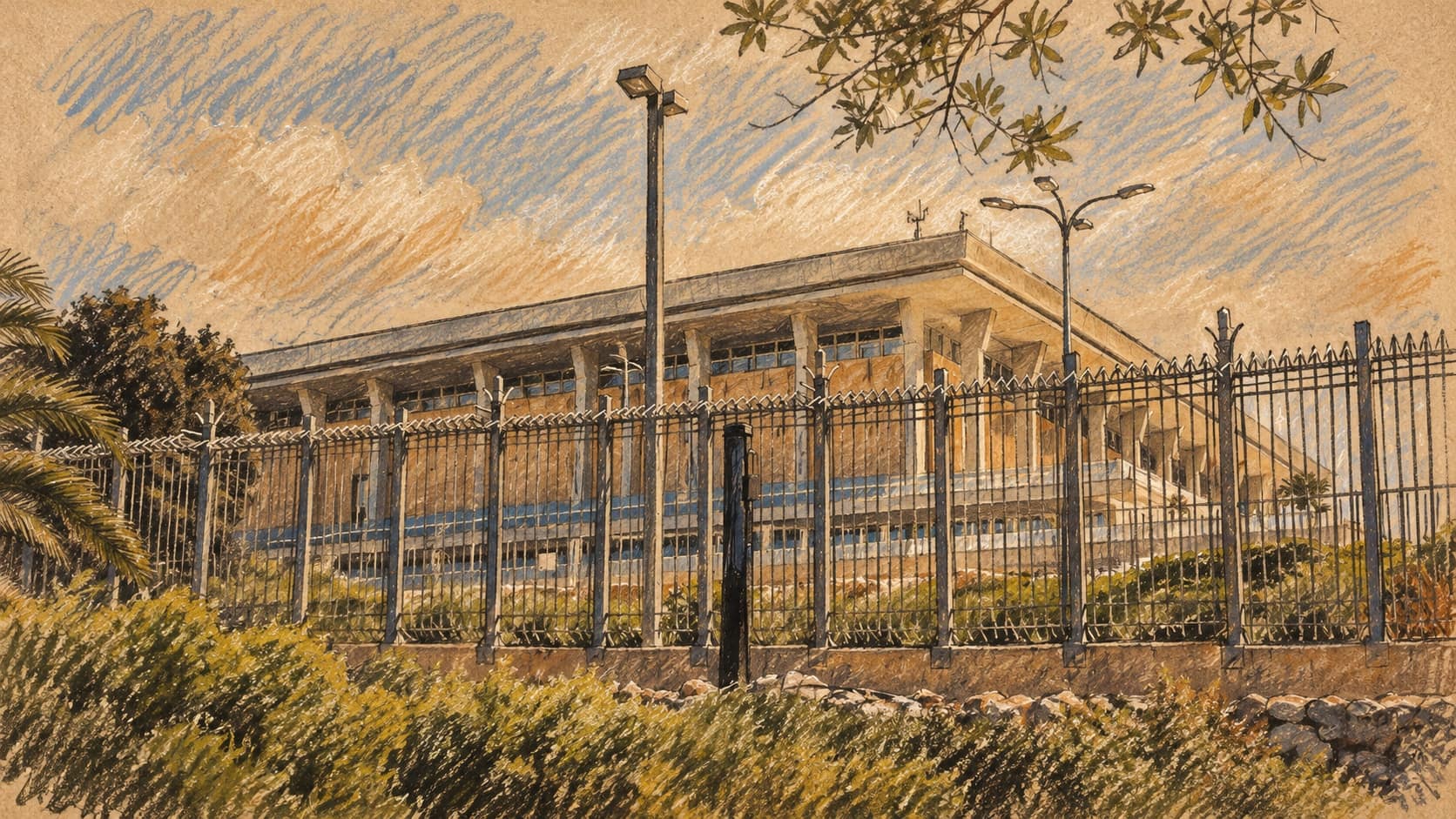 Courtroom-sketch editorial illustration of the Knesset building behind its perimeter fence, based on an archival July 2018 photograph; contextual institutional imagery.