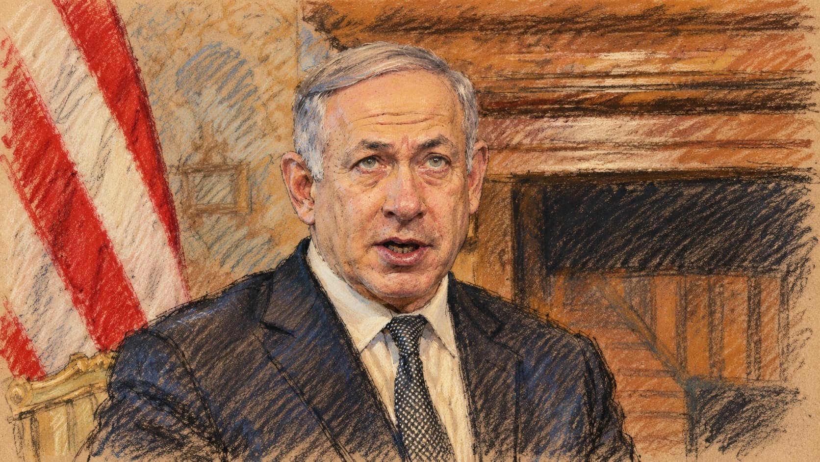 Courtroom-sketch editorial illustration of an archival portrait of Benjamin Netanyahu seated before a fireplace and part of a United States flag; contextual image from 2016.