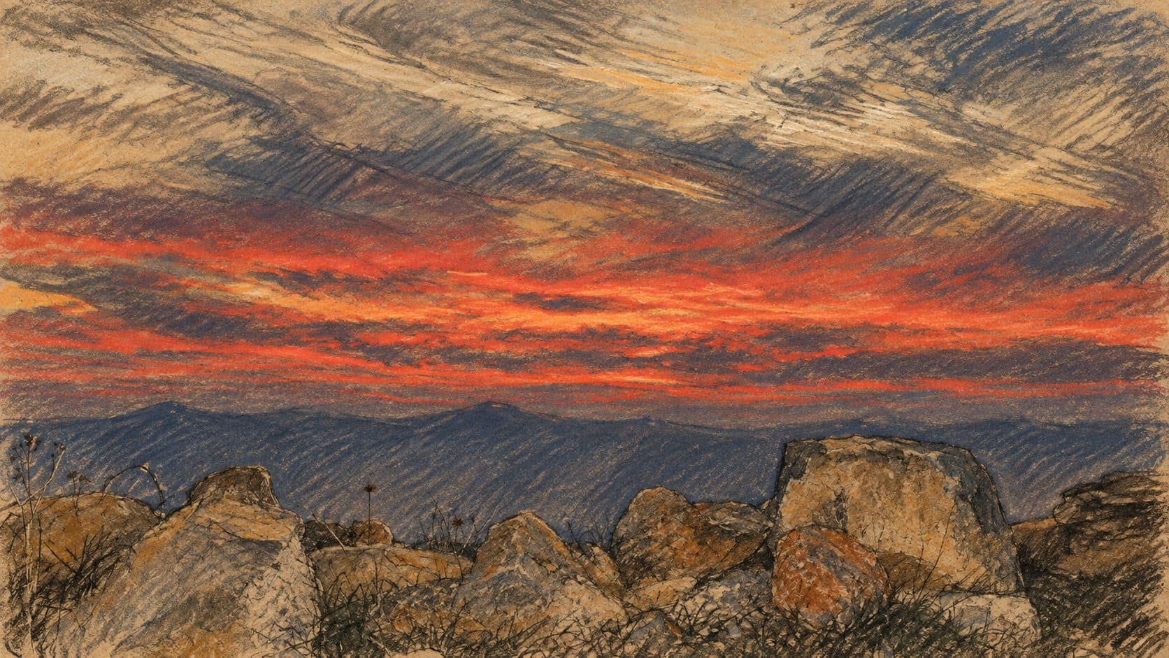 Courtroom-sketch editorial illustration of an archival 2005 cloudy sunset viewed from Mount Dov over the Naftali mountains, with rough rocks in the foreground; contextual landscape for the weather forecast.