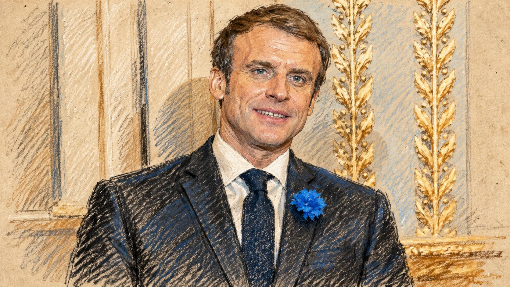 Courtroom-sketch editorial illustration of an archival November 2021 portrait of Emmanuel Macron alone in a dark suit and tie with a blue cornflower boutonniere, against a pale wall with gold decorative trim, rendered in warm ochre and slate-blue pastel strokes; contextual portrait, not a depiction of his delayed Nigeria visit or the postponed October 2026 Lagos business forum.