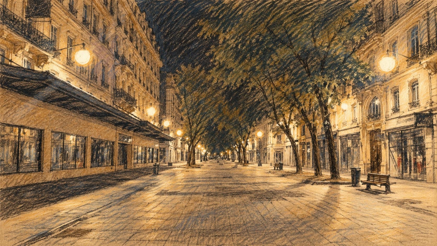 Courtroom-sketch editorial illustration of an archival 2018 night view along Rue de la République in Lyon, with buildings, trees, lamps and benches; contextual city scene, not the October 24 protests, rendered in warm ochre and slate-blue pastel strokes.