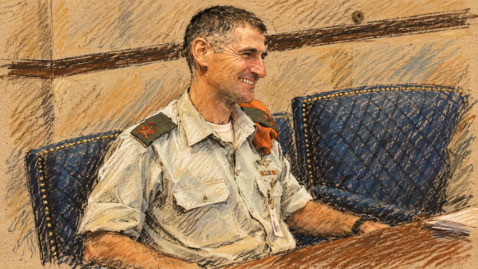 Courtroom-sketch editorial illustration of Yair Golan seated in an archival 2009 portrait, used as context for the Democrats leader
