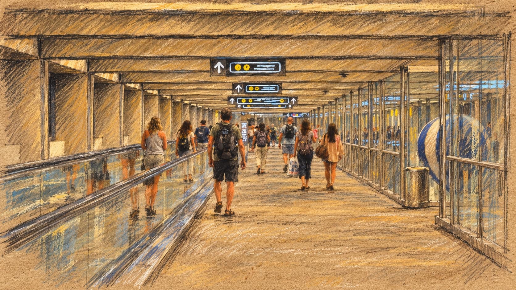 Courtroom-sketch editorial illustration of travelers walking through a Ben Gurion Airport arrivals corridor, based on an archival August 2017 photograph; contextual airport view