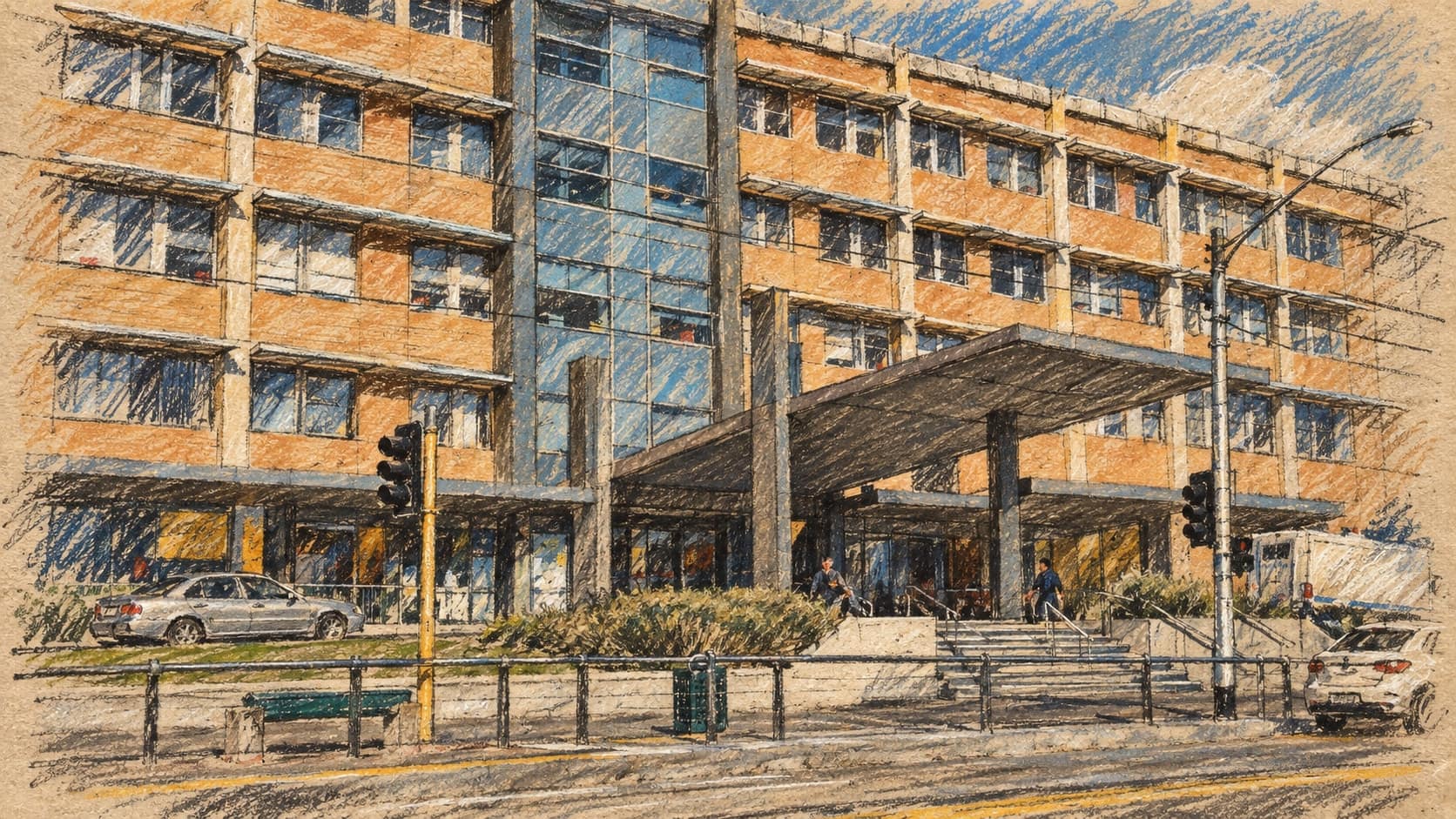 Courtroom-sketch editorial illustration of an archival October 2007 exterior view of The Alfred Hospital in Melbourne, with its tan facade, glazed central entrance, canopy and street, rendered in warm ochre and slate-blue pastel strokes; contextual hospital imagery, not a depiction of Helen Haines, the alleged attack or her treatment.