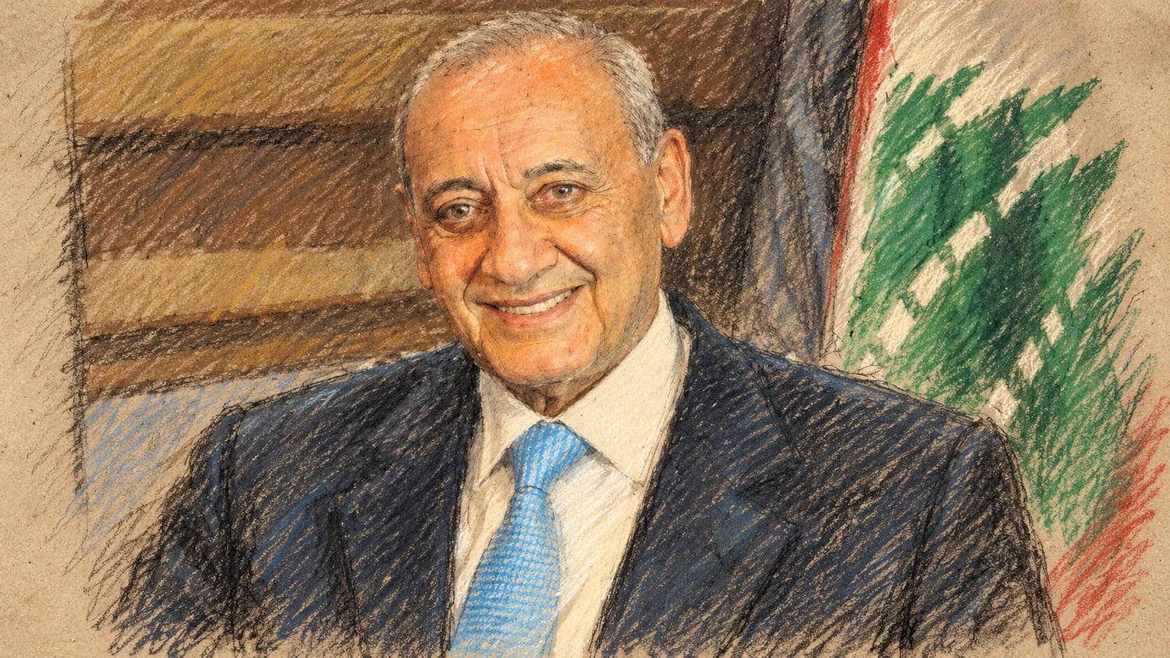 Courtroom-sketch editorial illustration of Nabih Berri in an archival 2014 portrait, with a Lebanese flag in the background
