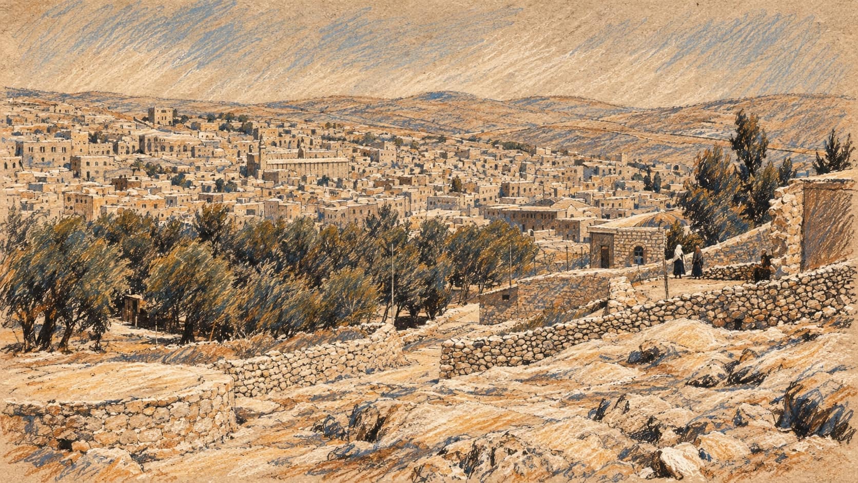 Courtroom-sketch editorial illustration of an archival 1953 view of Hebron across a valley, with low stone buildings, distant hills, trees and rocky stone terraces in the foreground; contextual city landscape.