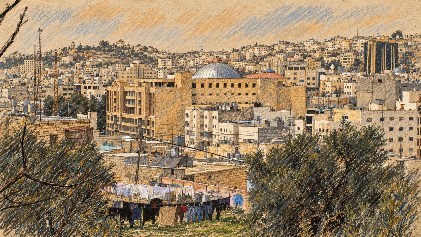 Courtroom-sketch editorial illustration of an archival Hebron cityscape, with hillside buildings, a central dome and foreground trees; contextual view from 2007.