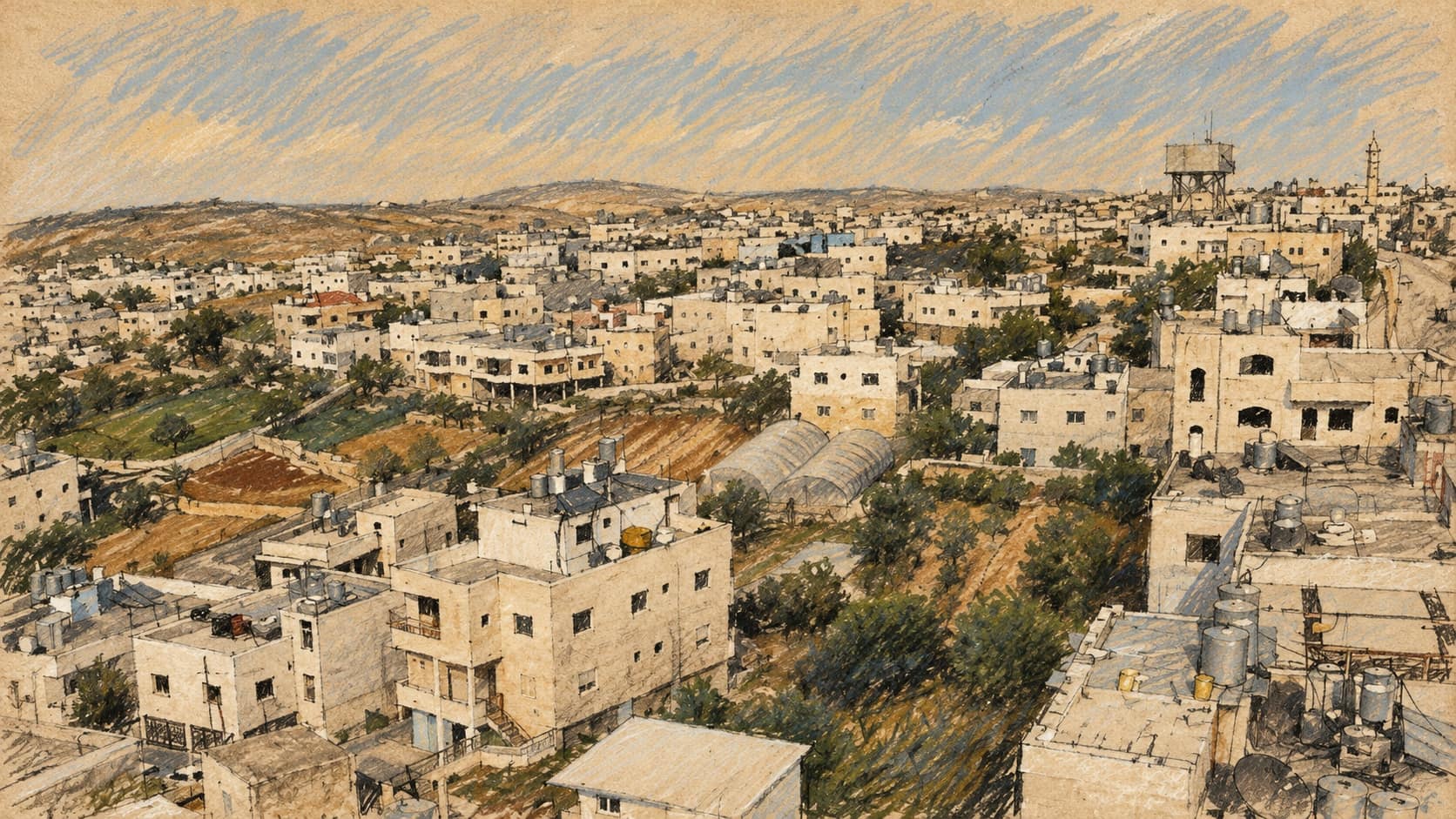 Courtroom-sketch editorial illustration of an archival elevated view over Halhul buildings and gardens; contextual place imagery rather than a depiction of the reported operations.