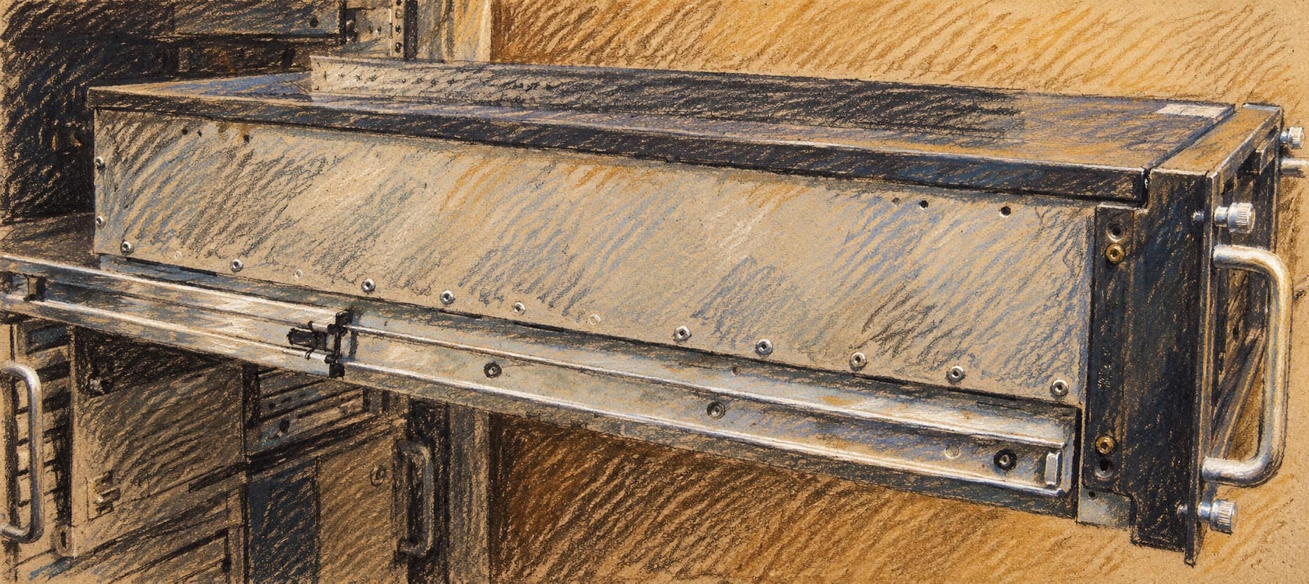 Courtroom-sketch editorial illustration of archival server hardware, used as context for a military data-security report