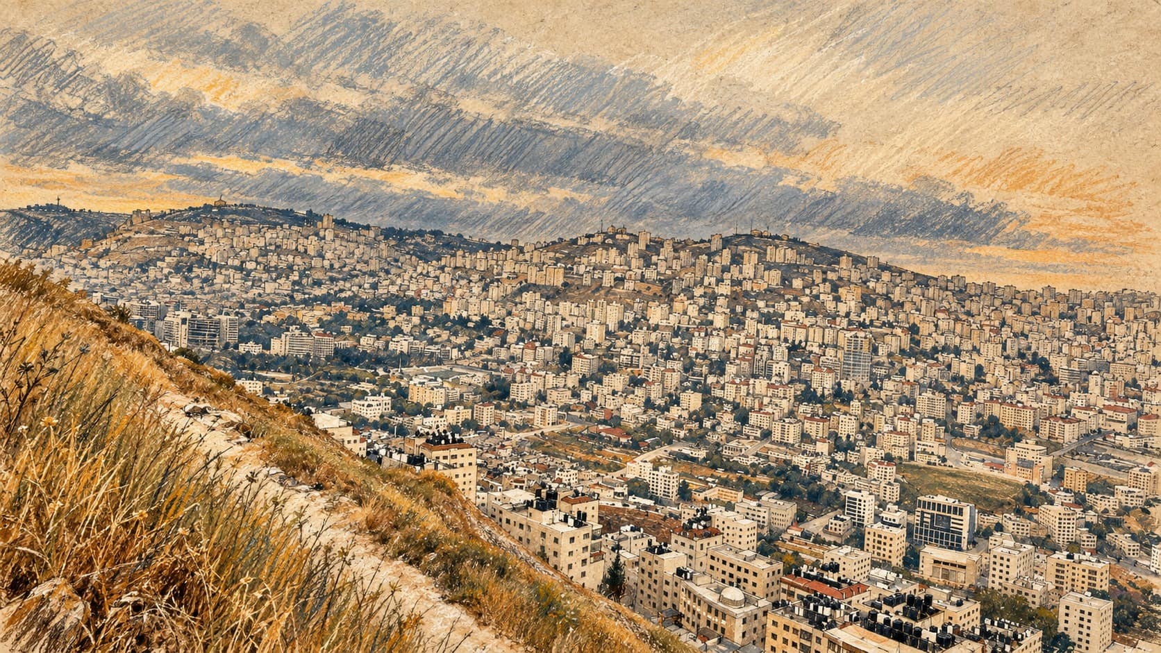 Courtroom-sketch editorial illustration of an archival contextual view of Nablus from Mount Gerizim, with pale buildings across the valley, a grassy foreground slope and cloudy sky.