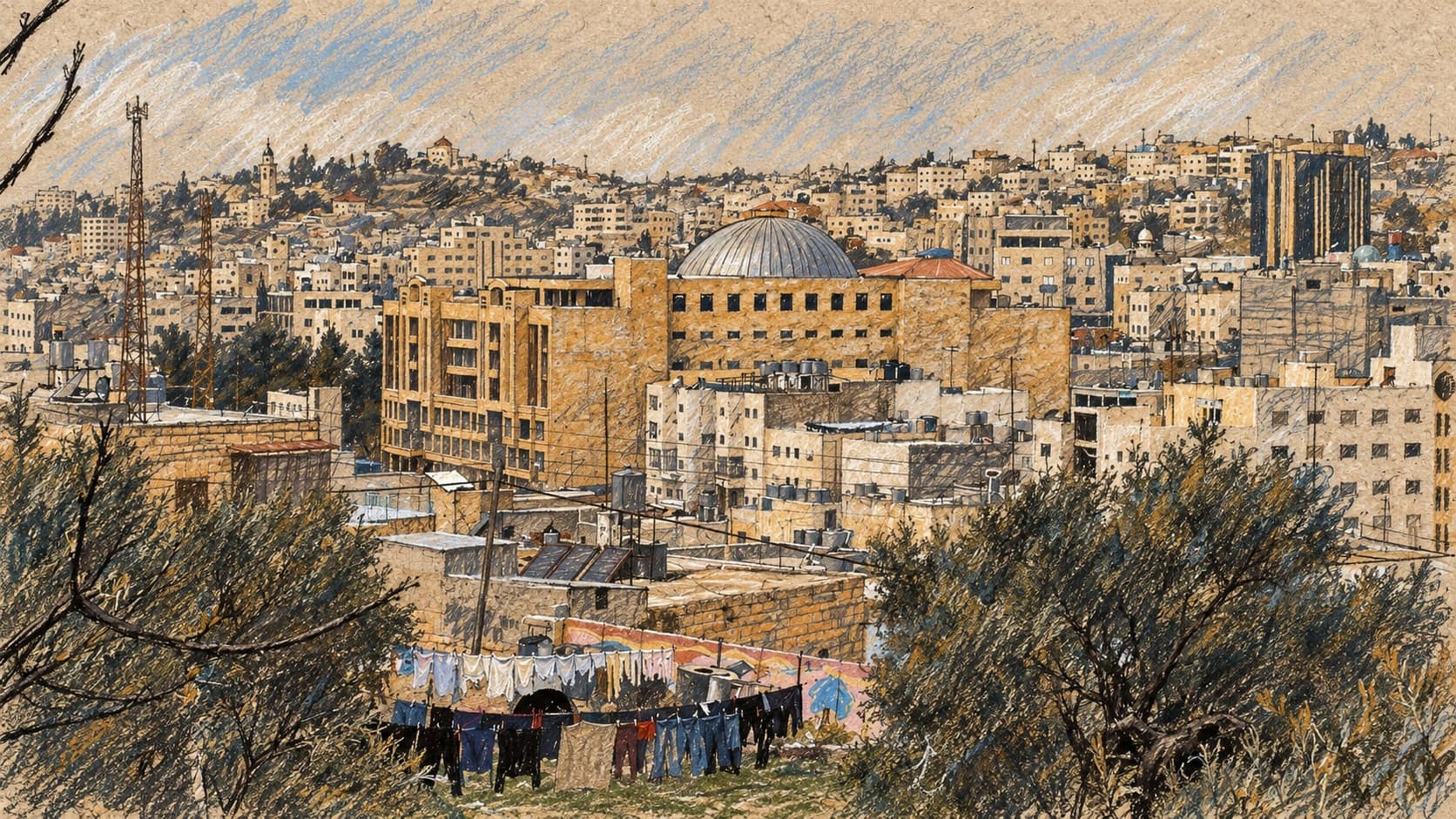 Courtroom-sketch editorial illustration of an archival 2007 view across Hebron buildings and hills, with trees and laundry in the foreground, used as city context.