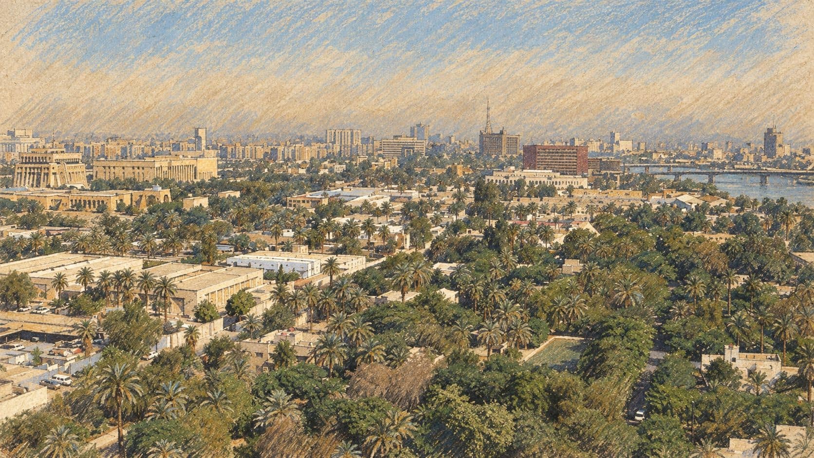 Courtroom-sketch editorial illustration of Baghdad’s Green Zone and skyline, based on an archival 2008 photograph; contextual city view.