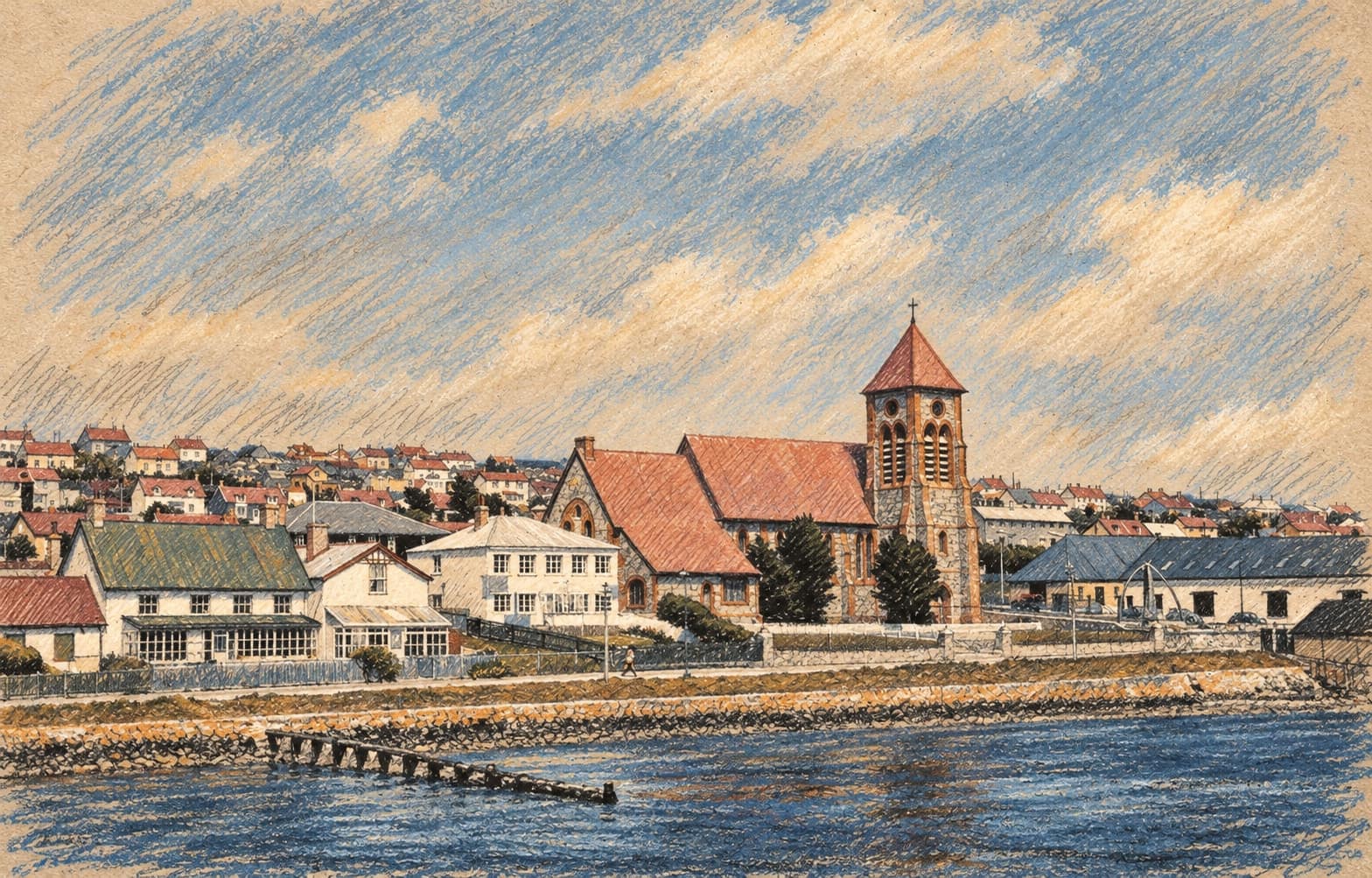 Courtroom-sketch editorial illustration of an archival December 1961 view across Stanley harbor in the Falkland Islands toward waterfront houses and a stone cathedral, rendered in warm ochre and slate-blue pastel strokes; contextual island imagery, not a depiction of the October 2026 diplomatic statements.