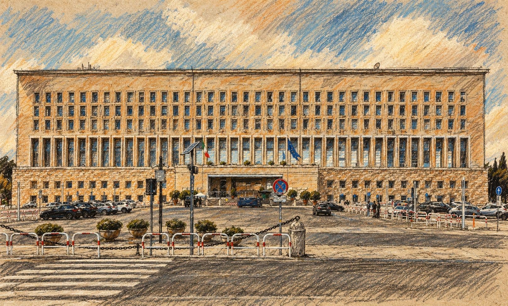 Courtroom-sketch editorial illustration of an archival May 2025 view of Palazzo della Farnesina, Italy’s foreign ministry in Rome; contextual institutional view, not the citizens’ return