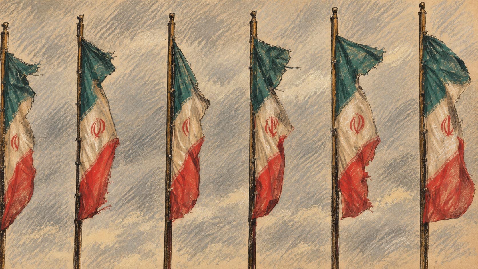 Courtroom-sketch editorial illustration of Iranian national flags on six poles, based on an archival 2011 photograph in Qom; contextual national imagery.