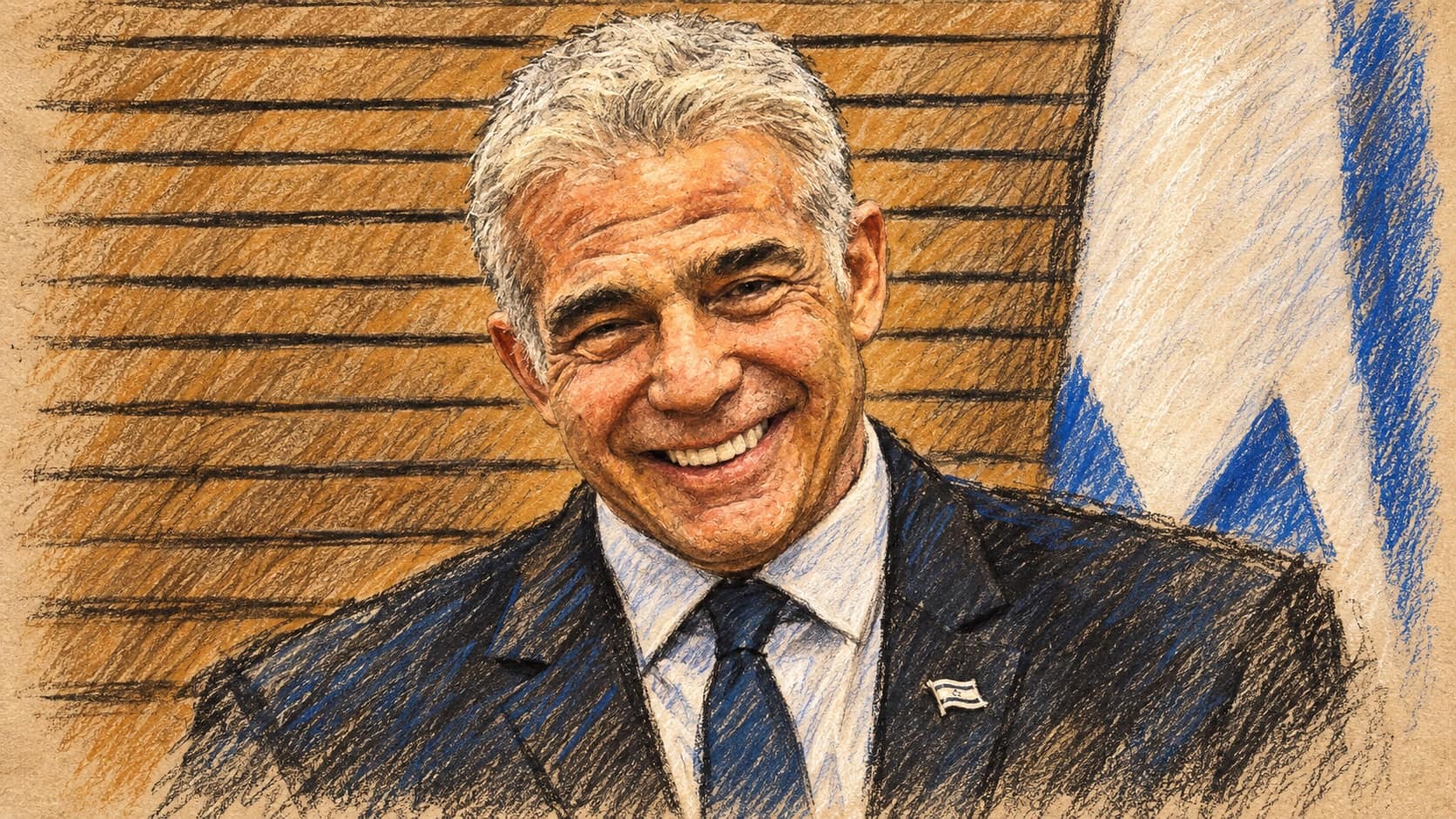 Courtroom-sketch editorial illustration of Yair Lapid in an archival February 2022 portrait with an Israeli flag behind him.