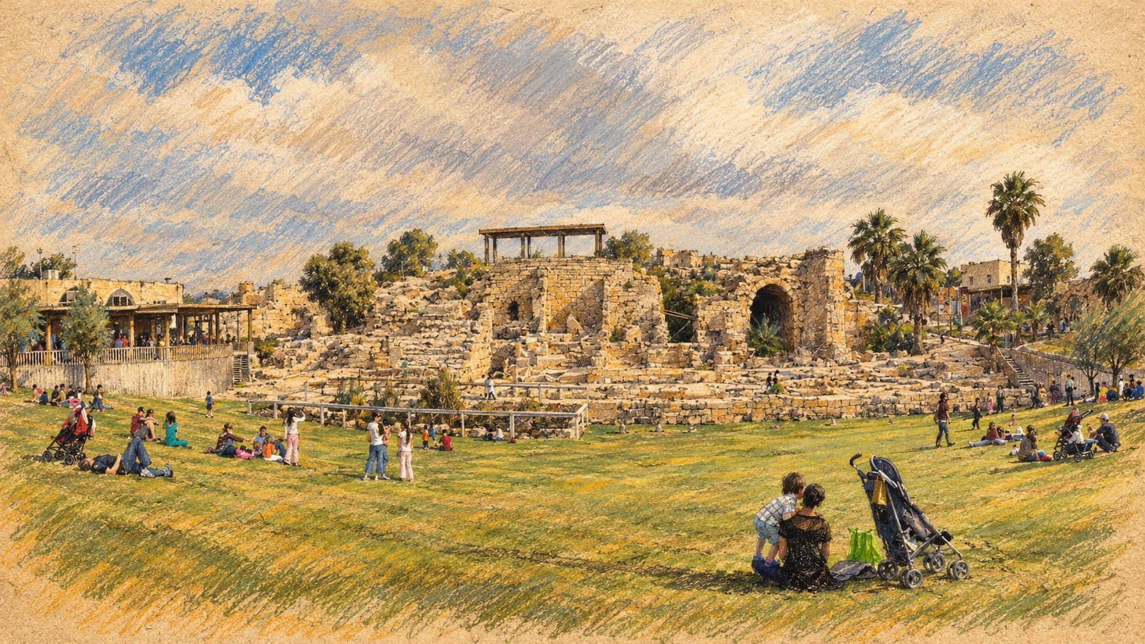 Courtroom-sketch editorial illustration of visitors on the lawn before ancient stone ruins at Caesarea National Park, based on an archival view.