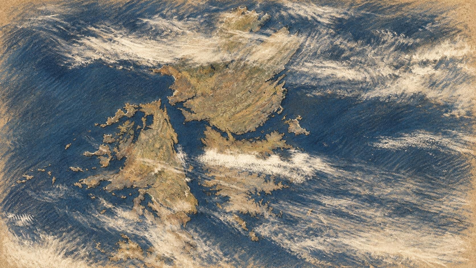 Courtroom-sketch editorial illustration of an archival orbital view of East and West Falkland amid South Atlantic waters and clouds