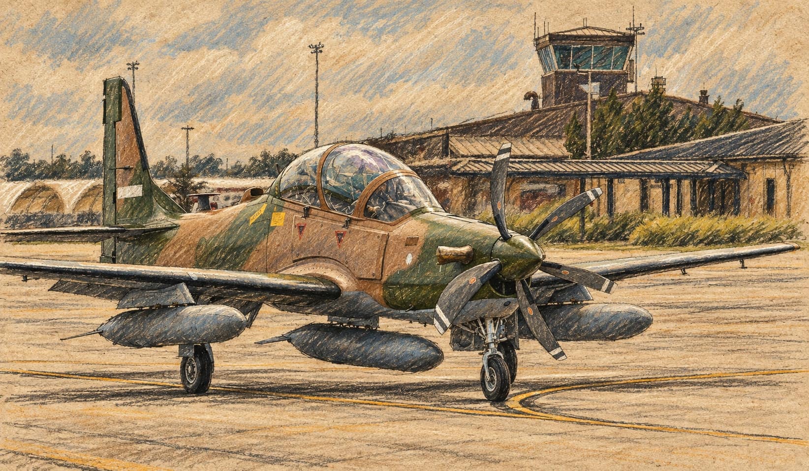 Courtroom-sketch editorial illustration of an archival September 2021 Nigerian A-29 Super Tucano aircraft on the airfield at Moody Air Force Base in Georgia, with low buildings and a control tower behind, rendered in warm ochre and slate-blue pastel strokes; contextual aircraft scene, not the October 2026 Borno strike or evidence of the aircraft used.