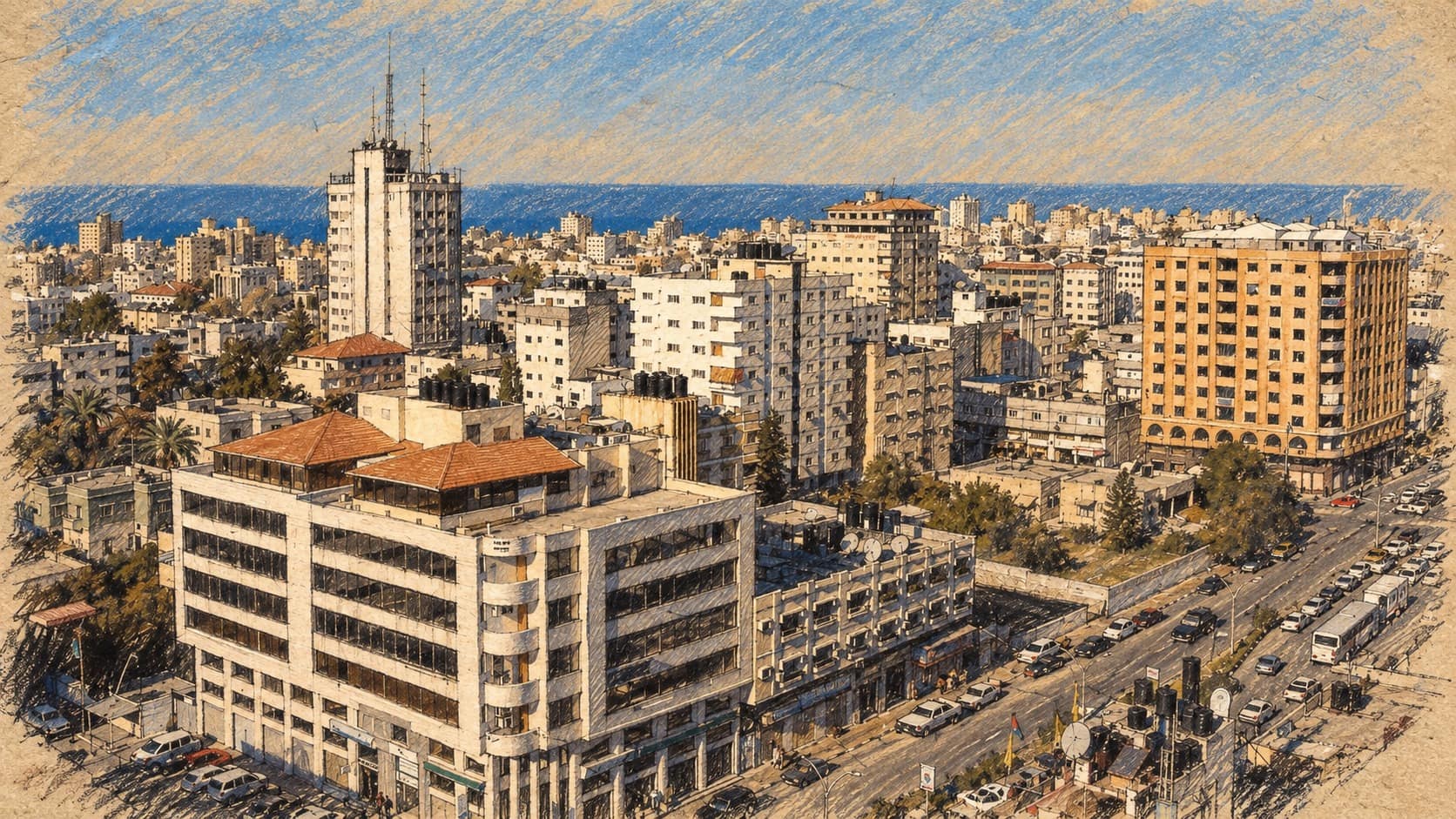 Courtroom-sketch editorial illustration of an archival 2007 Gaza City panorama with office and apartment buildings beside a broad road and the Mediterranean horizon; contextual city view