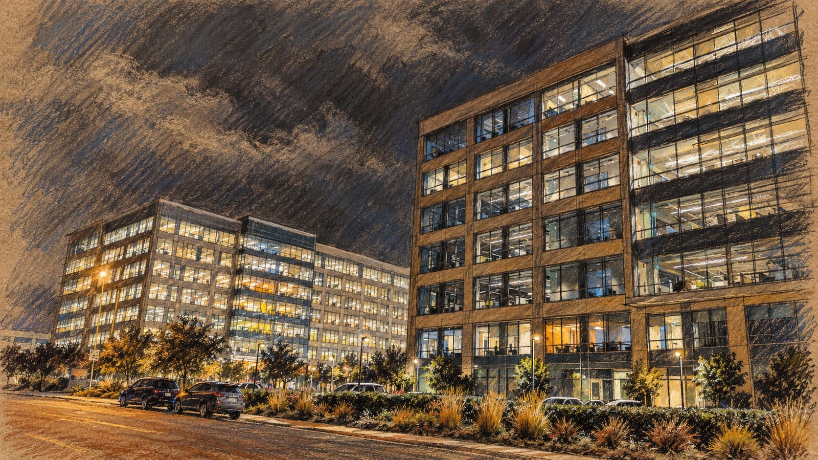 Courtroom-sketch editorial illustration of an archival nighttime view of Palo Alto Networks office buildings in Santa Clara, California, with illuminated windows and parked cars; contextual corporate setting.