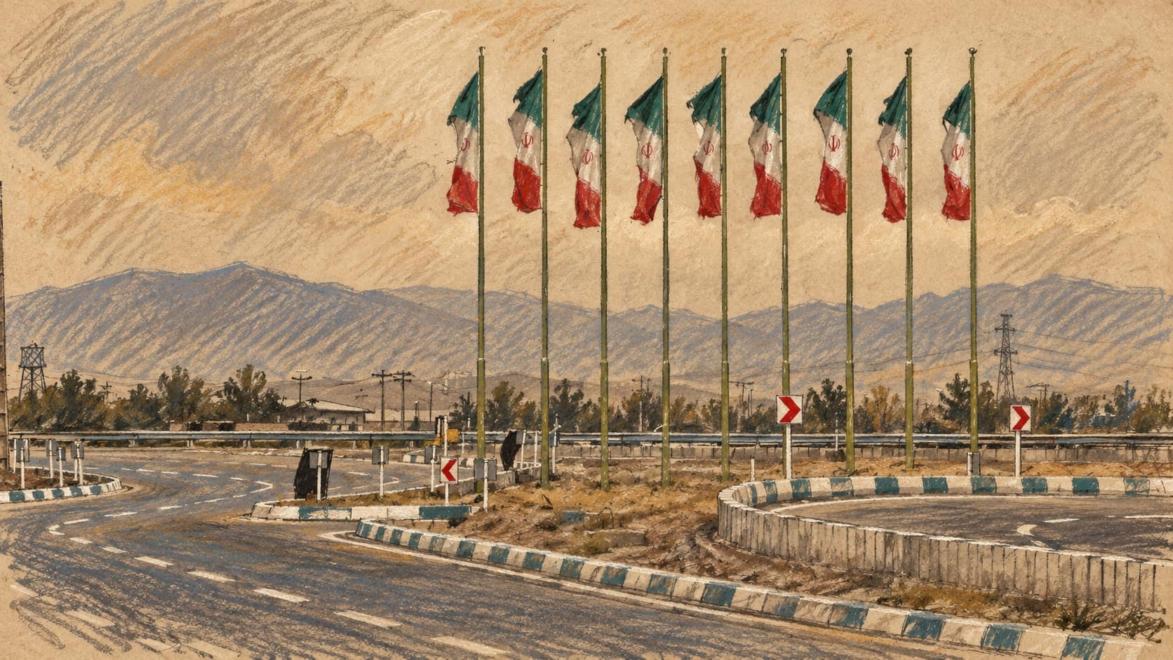 Courtroom-sketch editorial illustration of Iranian flags beside an empty road in Qom, based on an archival May 2011 photograph; contextual view.