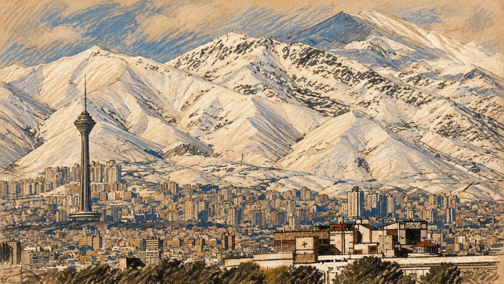 Courtroom-sketch editorial illustration of an archival view of Tehran with Milad Tower at left, dense city blocks and snow-covered Alborz mountains behind, rendered in warm ochre and slate-blue pastel strokes; contextual cityscape, not a depiction of the October 2026 negotiations.
