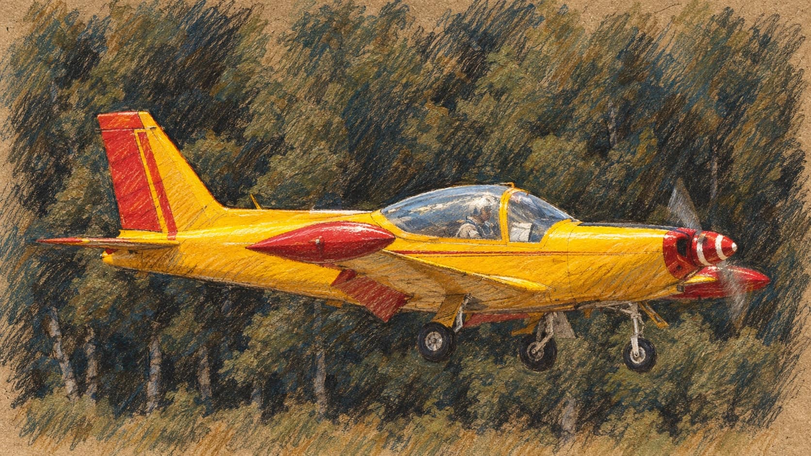 Courtroom-sketch editorial illustration of an archival June 2005 Belgian SF-260 trainer in low flight above a wooded background at Kleine Brogel, with landing gear extended, rendered in warm ochre and slate-blue pastel strokes; contextual aircraft-type imagery, not a depiction of the Philippine aircraft, the October 2026 accident or Fernando Air Base.