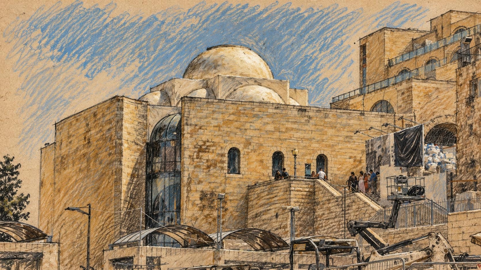 Courtroom-sketch editorial illustration of the stone exterior of Porat Yosef Yeshiva in Jerusalem, based on an archival July 2018 photograph; contextual institutional view.