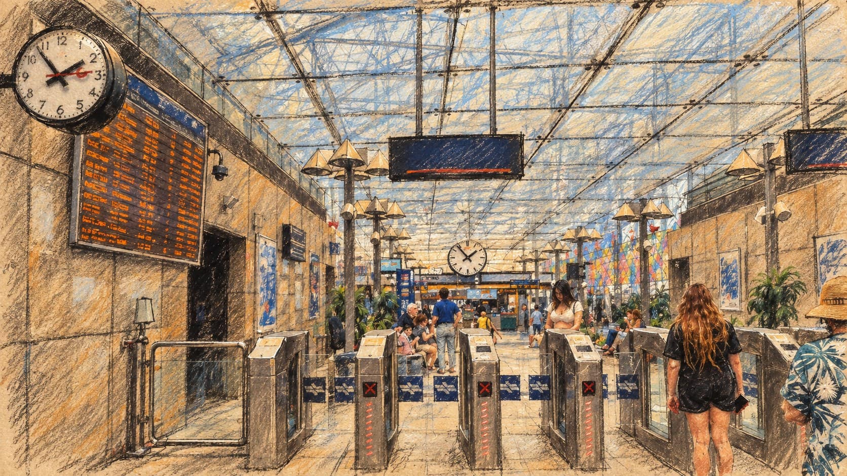 Courtroom-sketch editorial illustration of an archival view inside Tel Aviv HaShalom railway station, showing ticket gates, a glass ceiling and travelers.