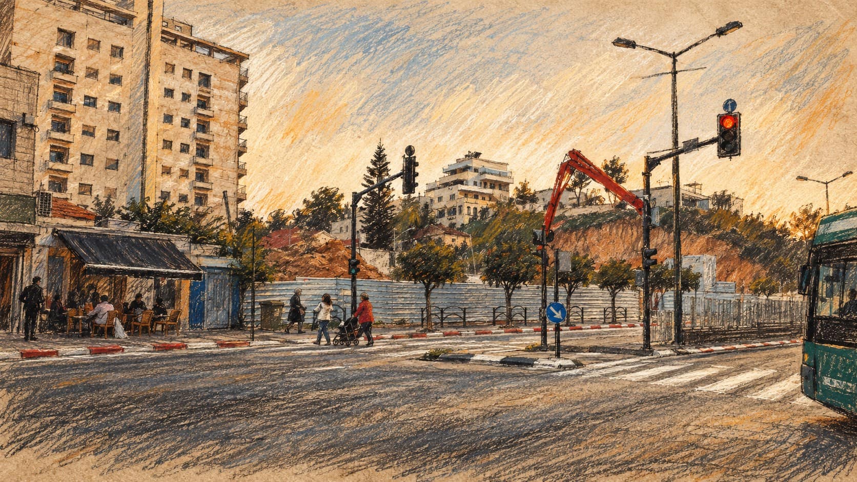 Courtroom-sketch editorial illustration of an archival January 2018 Rehovot street intersection with a fenced construction site and excavator, used as city infrastructure context.
