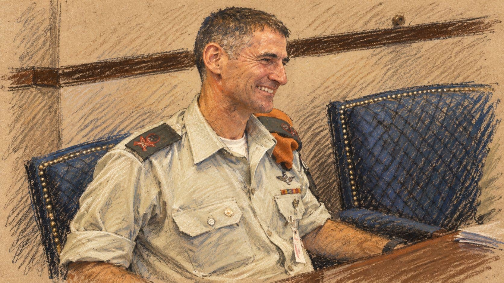 Courtroom-sketch editorial illustration of Yair Golan seated beside blue chairs, based on an archival 2009 portrait; contextual image.