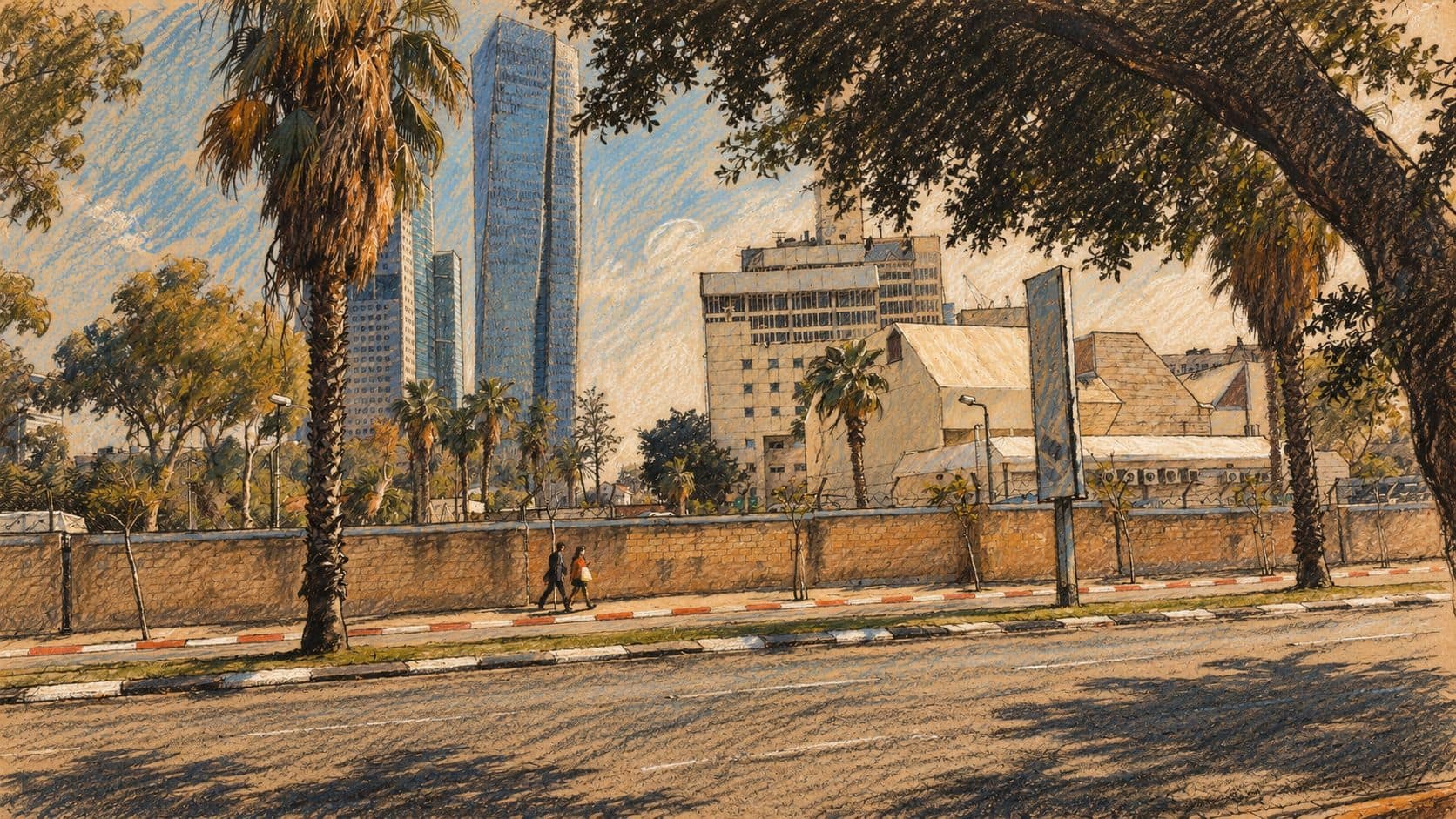 Courtroom-sketch editorial illustration of Shaul HaMelech Boulevard and the Kirya buildings in central Tel Aviv, based on an archival March 2018 photograph; contextual city view rather than a depiction of the October 24 rally.