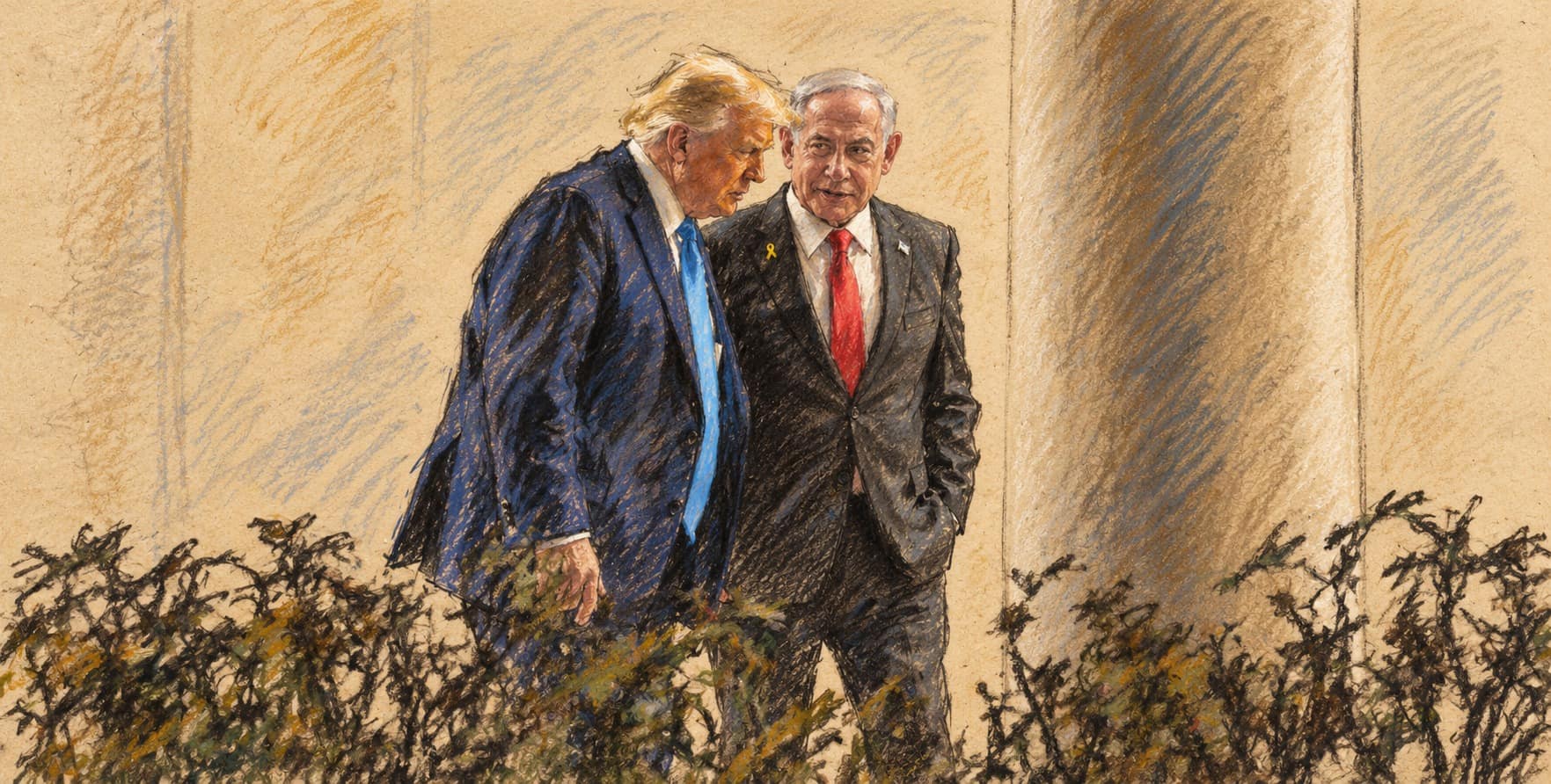 Courtroom-sketch editorial illustration of Donald Trump and Benjamin Netanyahu walking together beside a White House colonnade; archival context from February 2025.
