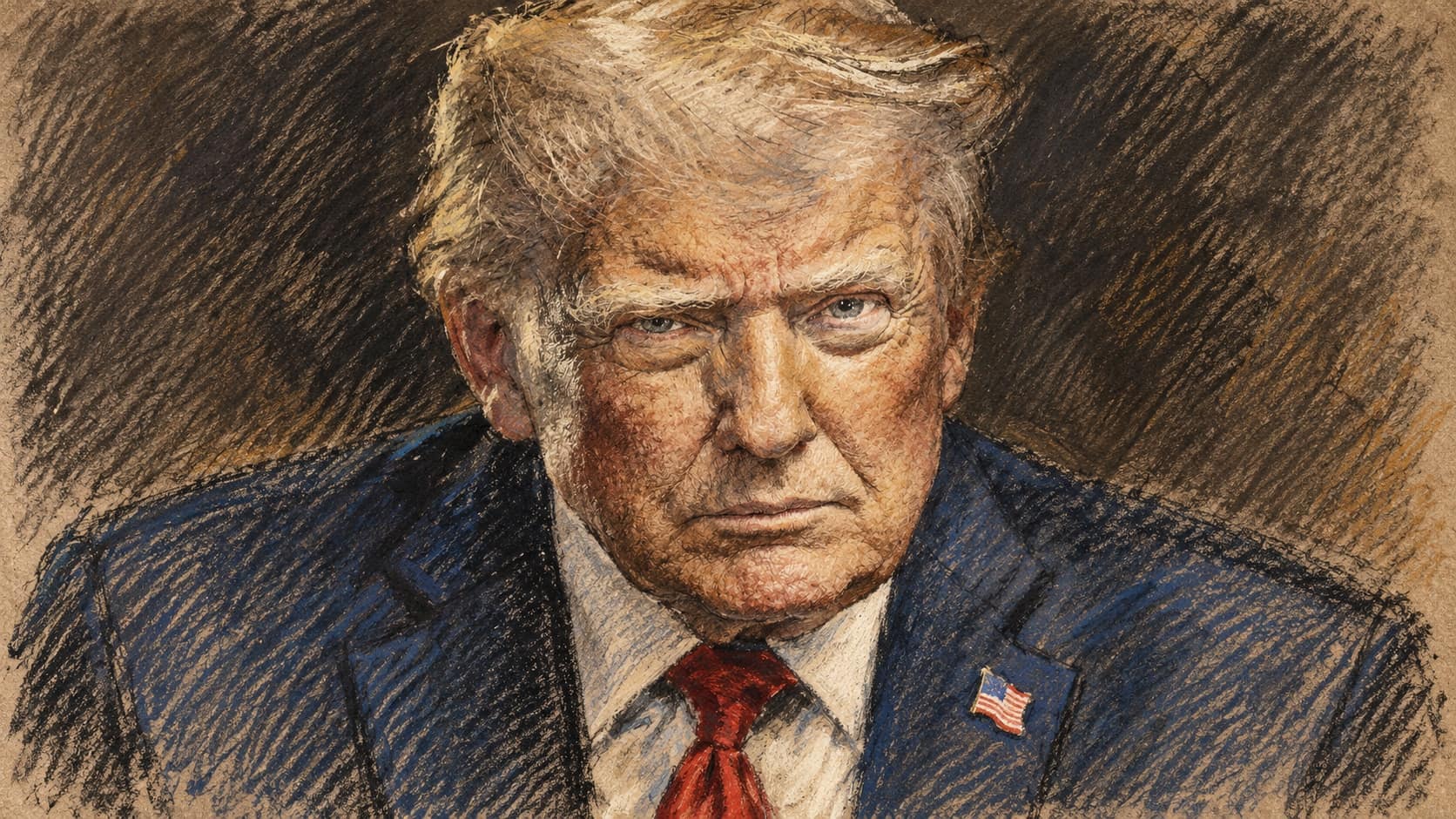 Courtroom-sketch editorial illustration based on an archival official portrait of Donald Trump wearing a blue suit and red tie against a dark background.